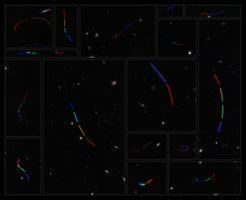 This mosaic consists of 16 different data sets from the NASA/ESA Hubble Space Telescope that were studied as part of the Asteroid Hunter citizen science project. Each of these datasets was colour-assigned based on the time sequence of exposures, whereby the blue tones represent the first exposure that the asteroid was captured in and the red tones represent the last.