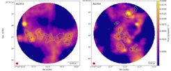 Figure 1. The continuum emission at 0.8 mm seen with ALMA towards AG351 and AG354 is shown in colorscale, at a resolution of ~1500 au. The green contours show the cores identified via dendrogram analysis on the o-H2D+ (11,0- 11,1) data.