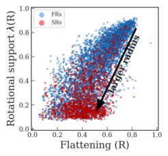 Figure 2: The halo rotational support as a function of the halo flattening. High rotation corresponds to flatter halos; as the rotational support decreases galaxies become more spherical. Fast and slow rotators show a continuity of halo properties with significant overlap among the two families.