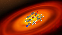 Künstlerische Darstellung einer planetenbildenden Scheibe um einen jungen Stern. Astronominnen und Astronomen haben mit dem MIRI-Spektrographen an Bord des JWST mehrere chemische Verbindungen in den zentralen Regionen einer ersten Auswahl von planetenbildenden Scheiben um junge Sterne entdeckt. Die Moleküle bestehen aus mehreren Kohlenwasserstoffverbindungen wie Benzol sowie Kohlendioxid, Wasser und Blausäure.