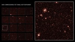 Testbild des gesamten Bildfelds des NISP-Instruments aus der frühen Phase der Inbetriebnahme. Das rechte Bild zeigt eine Detailvergrößerung des im linken Bild markierten Bereichs.