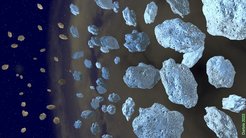 Illustration of the growth of interstellar dust grains, evolving from the ice mantle-free interstellar medium (left), acquiring first ice mantles in the cloud (centre), and increasing in size in the densest cloud phase (right).