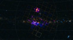 Figure 1: Einstein Probe's view of our Milky Way taken with the WXT with an exposure time of 40,000 seconds. Bright X-ray sources are visible (purple). The blue extended structures show hot gas from our galaxy. Due to the unique lobster-eye mirror technology, objects appear as crosses in the images. Scorpius X-1, the brightest constant X-ray object in the sky after our Sun, is visible above the centre of the picture.
