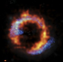 The target, PJ0116-24, an hyper-luminous infrared galaxy lensed into an Einstein ring. Orange indicates the ionized gas and blue indicates the cold gas in the galaxy.