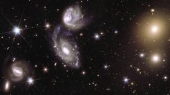 This image shows an area of the mosaic released by ESA’s Euclid space telescope. The area is zoomed in 150 times compared to the large mosaic. This image shows galaxies that are interacting with each other in cluster Abell 3381, 470 million light-years away from us.