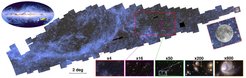 This graphic shows an overview of the mosaic and zoomed in images released by ESA’s Euclid mission.On the top left, an all-sky map (41 000 square degrees) is visible with the location of Euclid’s mosaic on the Southern Sky highlighted in yellow. The mosaic contains 260 observations made between 25 March and 8 April 2024.In just two weeks, Euclid covered 132 square degrees of the Southern Sky, more than 500 times the area of the full Moon. On the top right, Euclid’s field-of-view in one observation is compared to the area of the full Moon (further explained here).In the mosaic, the locations of the various zoomed in images are shown. Above the separate images, the zoom factor is shown (from 3 to 600 times enlarged compared to the original mosaic).