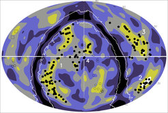 Distribution of galaxies (colour coding) and galaxy clusters (black dots) in a spherical shell with a distance of 416 to 826 million light years surrounding us. The five superstructures are marked: 1 Quipu, 2 Shapley, 3 Serpens-Corona Borealis and Hercules (overlapping in the sky), 4 Sculptor-Pegasus. The area enclosed by white lines is shadowed by the disk of the Milky Way.