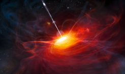 Reddish vortex seen from from the side above with a bright centre and a thin ray protruding vertically from the plane
